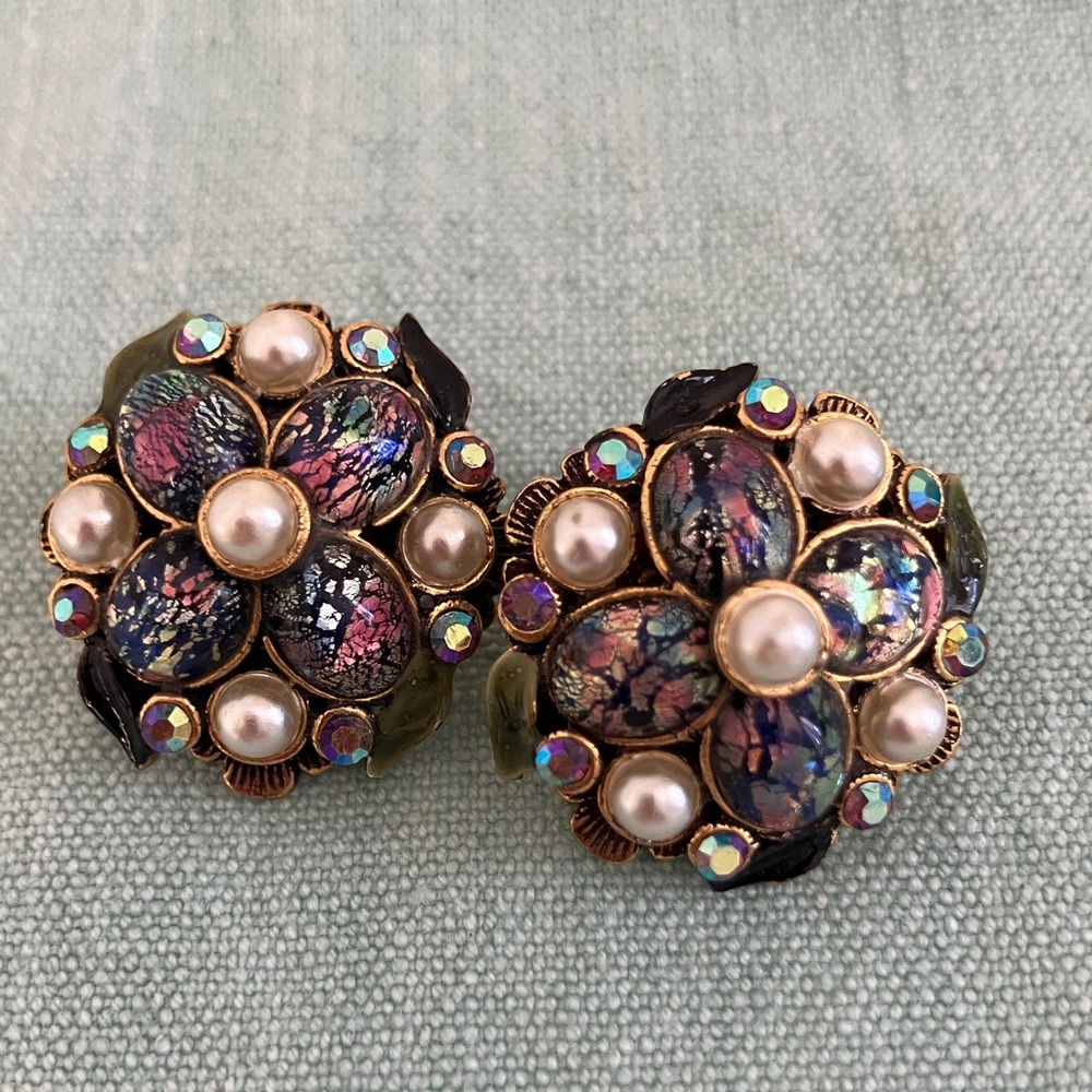 Vintage Floral Clip-On Earrings with Pearls